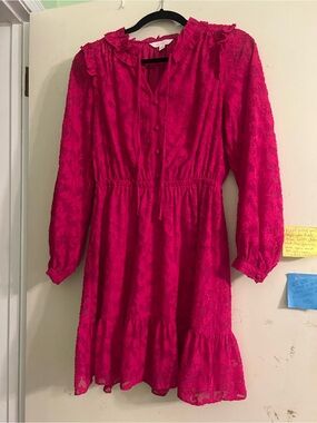 Fuchsia Ruffle-Trim Long Sleeve Dress